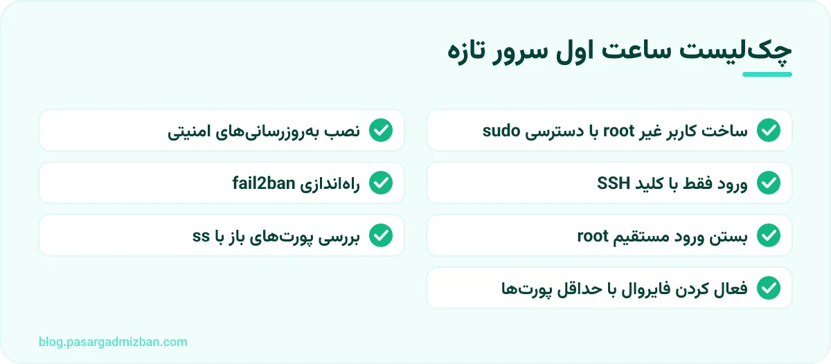 فهرست بررسی: چک‌لیست ساعت اول سرور تازه